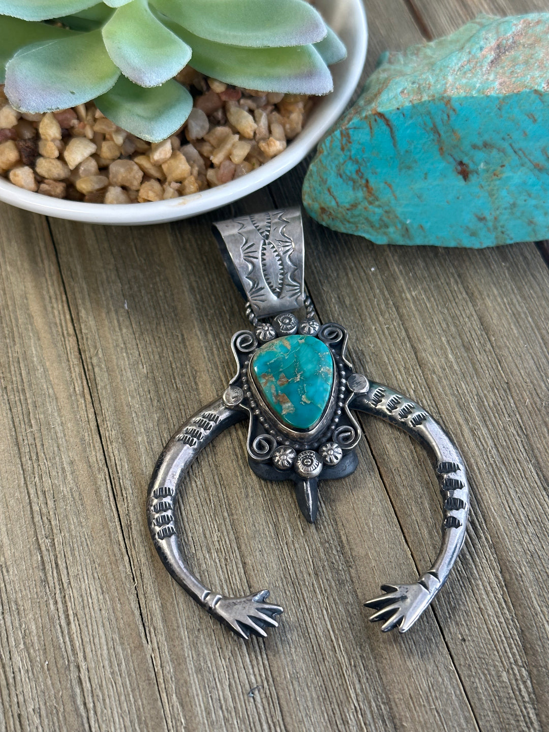 Southwestern Large SS & popular Royston Turquoise Naja Pendant