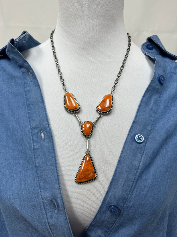 Orange Spiny 4 Stone Necklace and Earrings