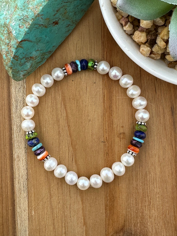 Freshwater Pearl Multi-Gem Stretch Bracelet