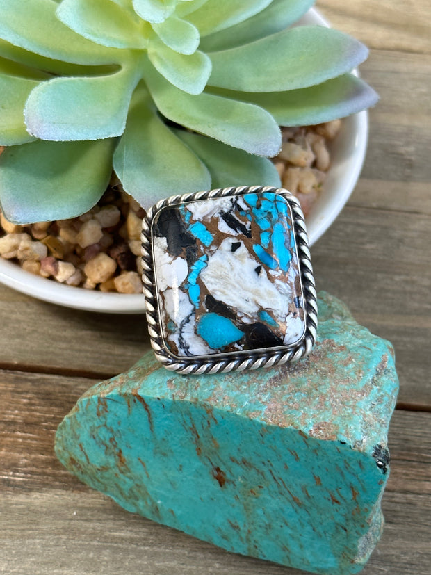White and Turquoise Square Ring