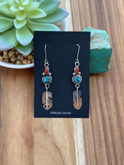 Coral& Kingman feather dangle earrings