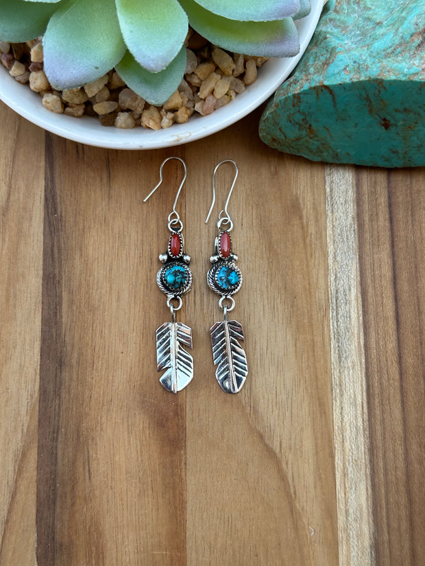 Coral& Kingman feather dangle earrings